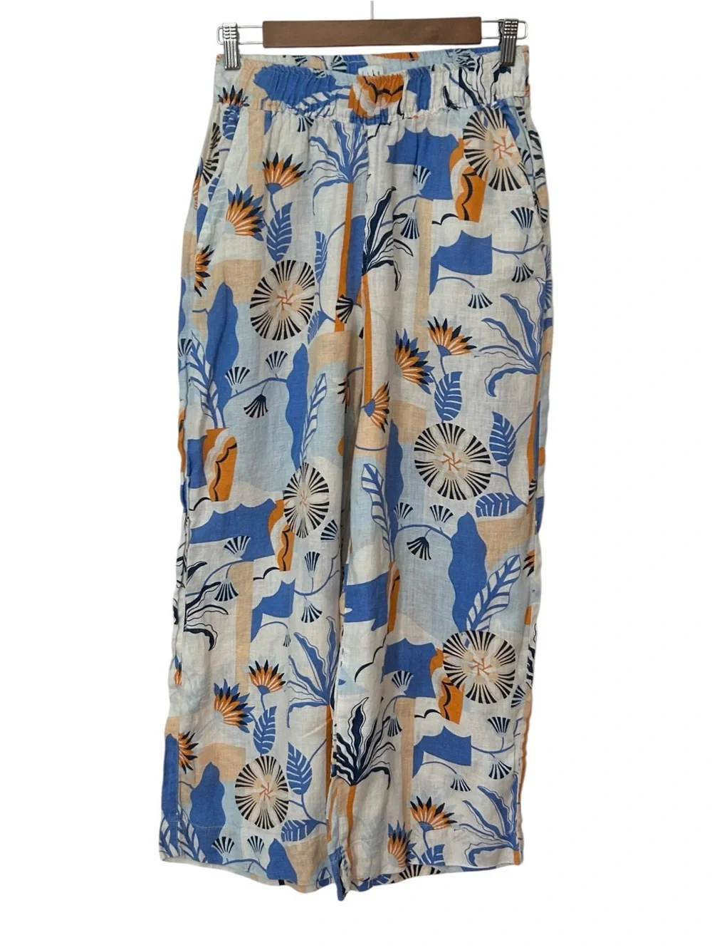 Nicole Miller 100% Linen Wide Leg Tropical Floral Summer Pant SZ M Blue Orange